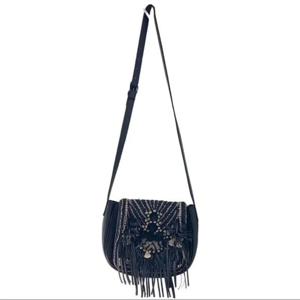 Black Leather Embellished Saddle Crossbody Bag